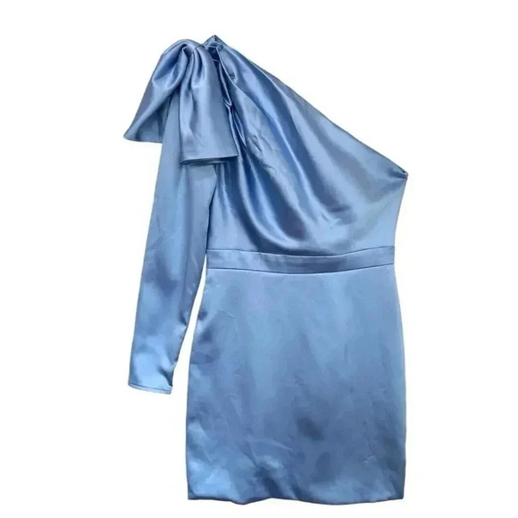 MAC DUGGAL One Shoulder Long Sleeve Satin Cocktail Blue Mini Dress Size 4 - Picture 2 of 9
